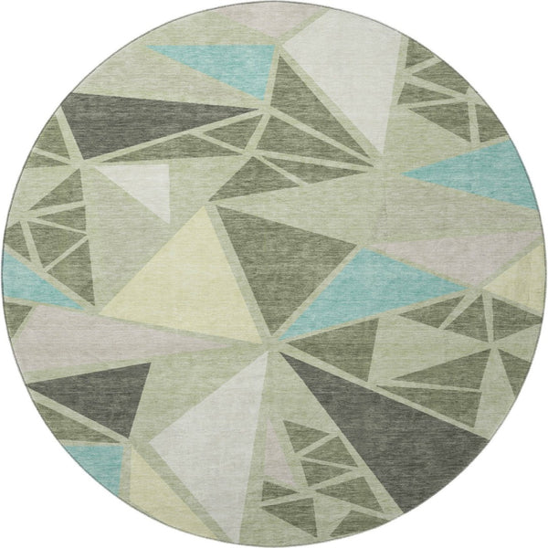 HomeRoots 8' Artichoke Green Round Rug - Washable Geometric Design with UV Protection for High-Traffic Areas 681488