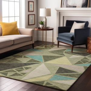 HomeRoots 9' X 12' Stylish Artichoke Green Aqua Geometric Area Rug - Washable, UV-Protected & Family-Friendly! 681490