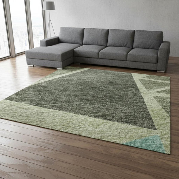 HomeRoots 10' X 14' Artichoke Green Aqua Geometric Area Rug - Durable, Washable, UV Protected for Modern Homes 681491