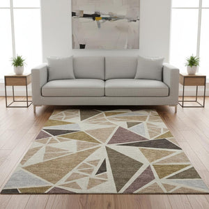 HomeRoots 5' X 8' Washable Geometric Area Rug in Beige, Brown & Mauve – Stylish, Stain-Resistant & UV Protected! 681493