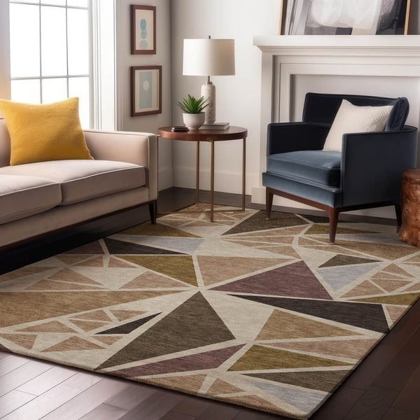 HomeRoots 5' X 8' Washable Geometric Area Rug in Beige, Brown & Mauve – Stylish, Stain-Resistant & UV Protected! 681493