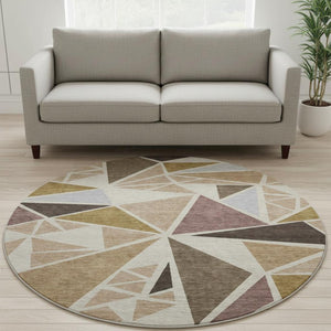 HomeRoots 8' Washable Round Rug in Beige, Brown & Mauve - Modern Geometric Design with UV Protection & Durability 681494