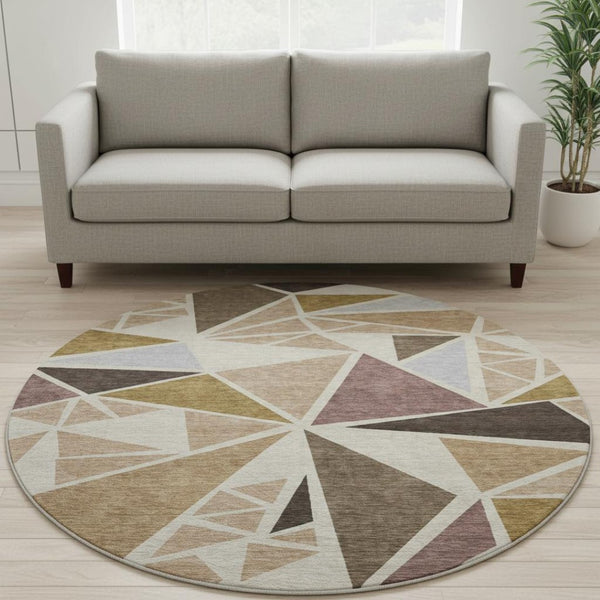HomeRoots 8' Washable Round Rug in Beige, Brown & Mauve - Modern Geometric Design with UV Protection & Durability 681494