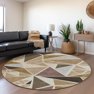 HomeRoots 8' Washable Round Rug in Beige, Brown & Mauve - Modern Geometric Design with UV Protection & Durability 681494