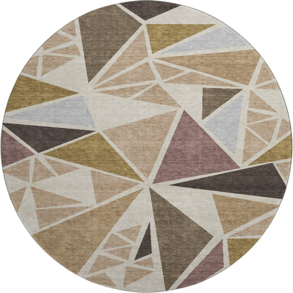 HomeRoots 8' Washable Round Rug in Beige, Brown & Mauve - Modern Geometric Design with UV Protection & Durability 681494