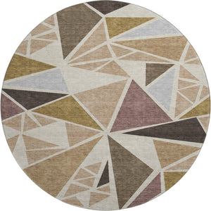 HomeRoots 8' Washable Round Rug in Beige, Brown & Mauve - Modern Geometric Design with UV Protection & Durability 681494