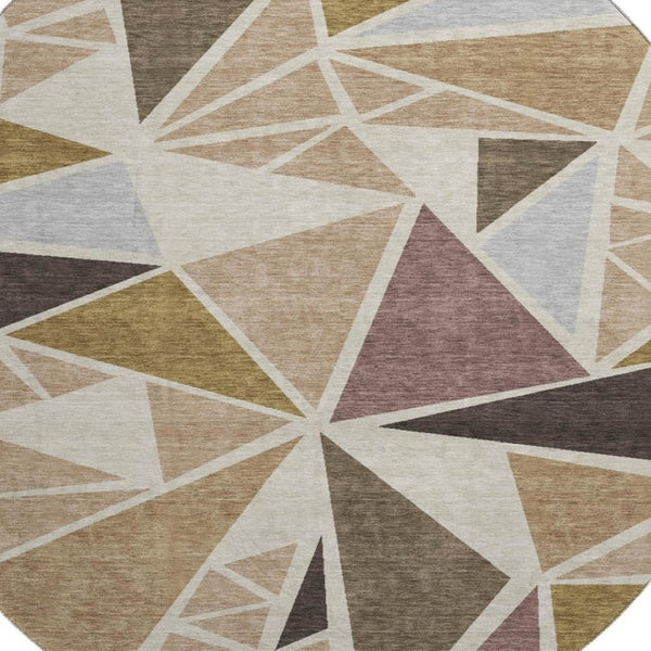 HomeRoots 8' Washable Round Rug in Beige, Brown & Mauve - Modern Geometric Design with UV Protection & Durability 681494