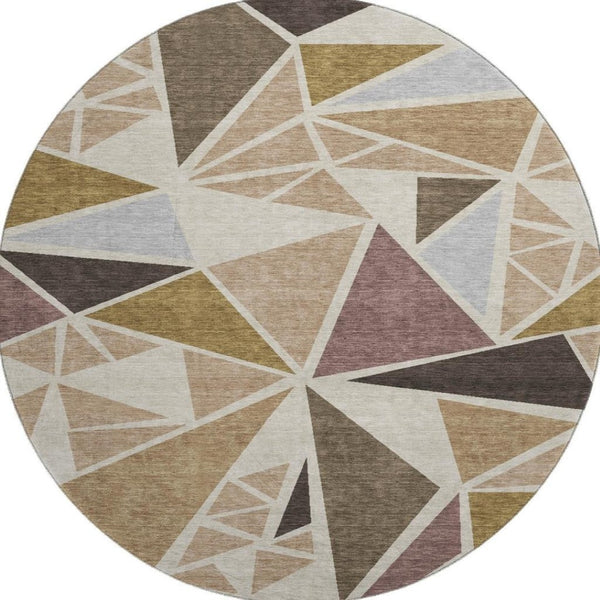 HomeRoots 8' Washable Round Rug in Beige, Brown & Mauve - Modern Geometric Design with UV Protection & Durability 681494