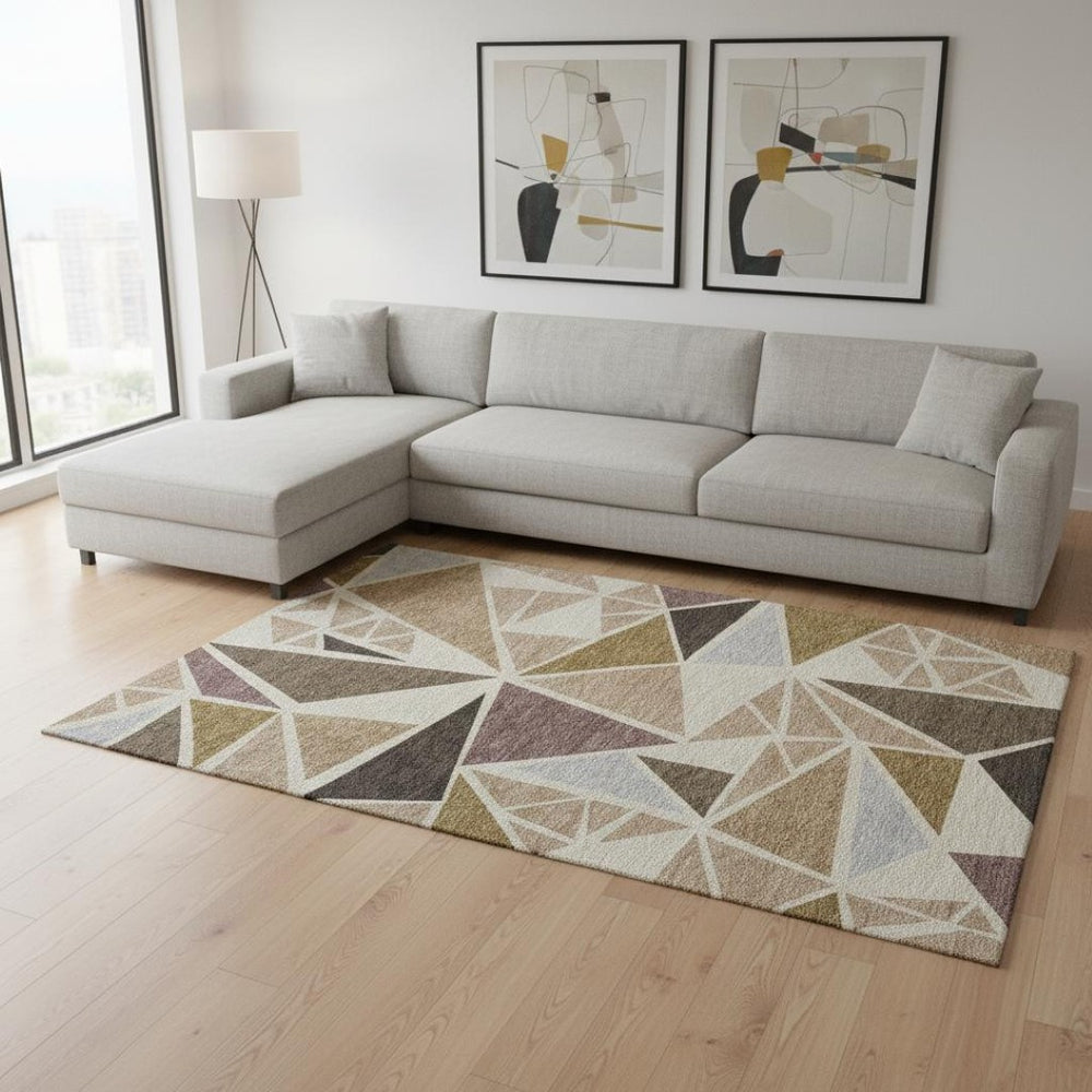 HomeRoots 8' X 10' Geometric Washable Area Rug in Beige, Brown & Mauve - Stain Resistant with UV Protection! 681495