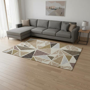 HomeRoots 10' X 14' Modern Geometric Washable Area Rug in Beige, Brown & Mauve - UV Protected & Durable Design 681497