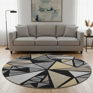 HomeRoots 8' Modern Geometric Round Rug in Black, Beige & Ivory – Washable, UV Protection, Non-Slip Design 681500