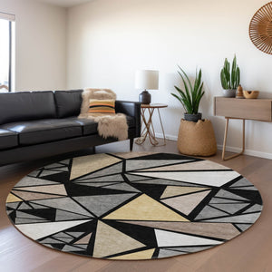 HomeRoots 8' Modern Geometric Round Rug in Black, Beige & Ivory – Washable, UV Protection, Non-Slip Design 681500