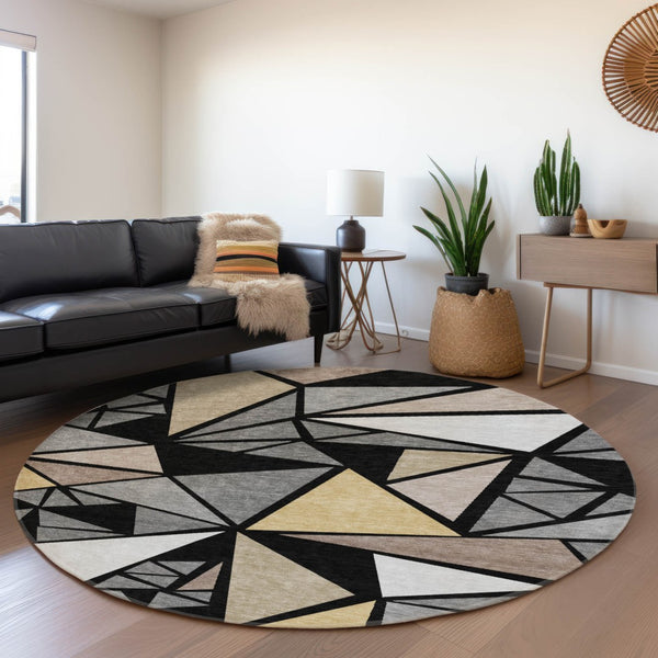 HomeRoots 8' Modern Geometric Round Rug in Black, Beige & Ivory – Washable, UV Protection, Non-Slip Design 681500