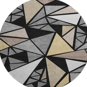HomeRoots 8' Modern Geometric Round Rug in Black, Beige & Ivory – Washable, UV Protection, Non-Slip Design 681500