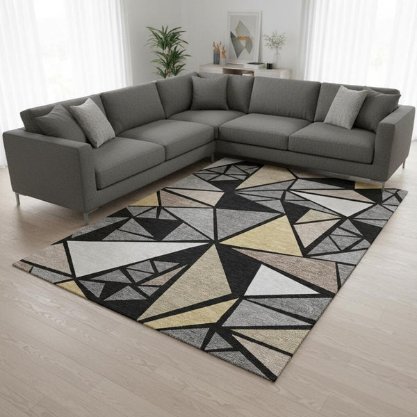 HomeRoots 8' X 10' Stylish Black Beige Ivory Geometric Area Rug - Washable, UV Protected, Pet-Friendly Design 681501