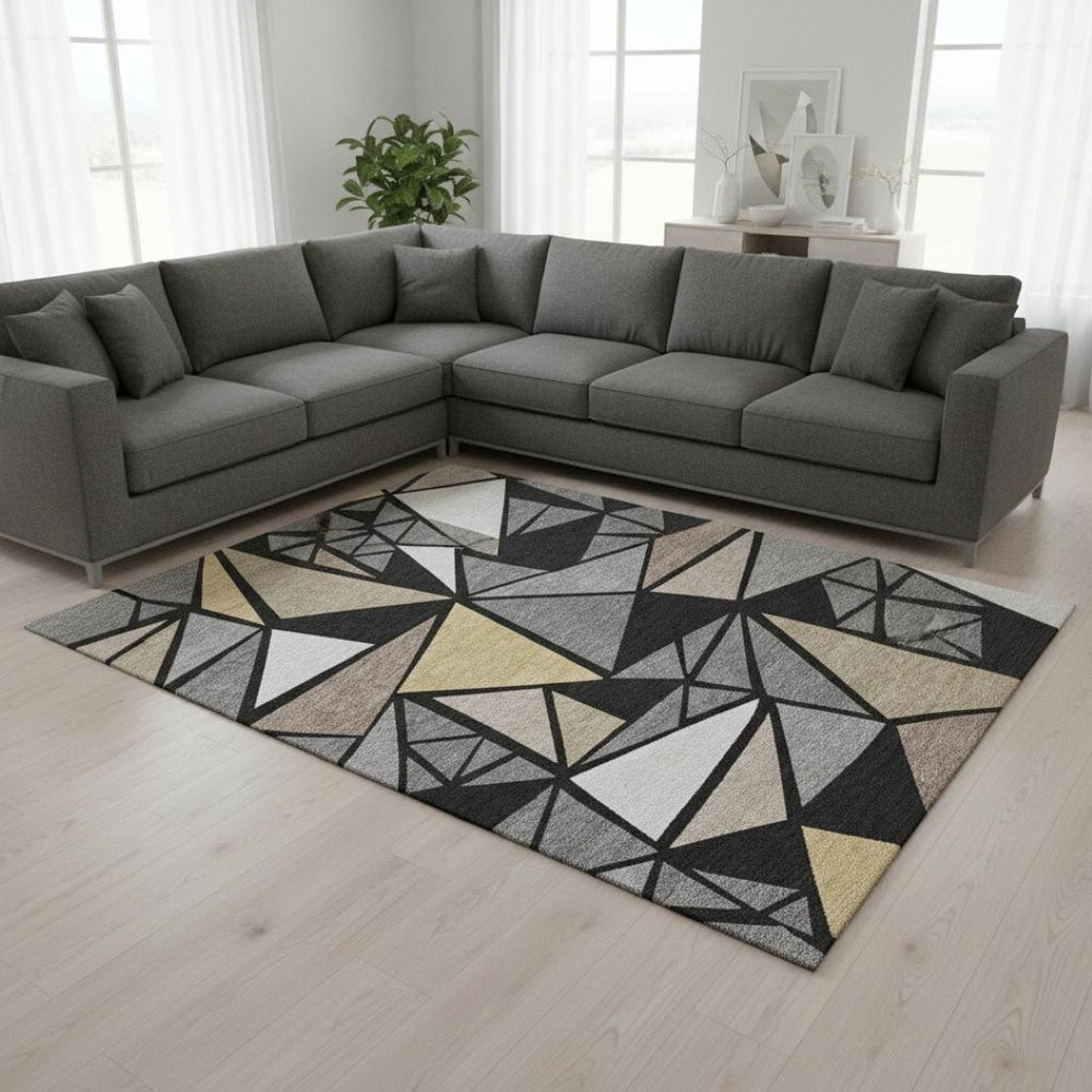HomeRoots 10' Black Beige Ivory Geometric Area Rug - Washable, UV Protected & Durable for Homes with Kids & Pets 681503
