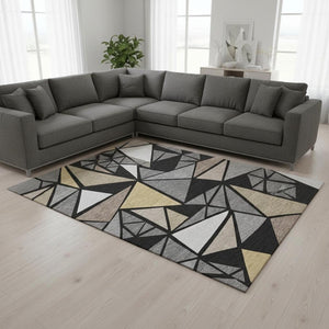 HomeRoots 10' Black Beige Ivory Geometric Area Rug - Washable, UV Protected & Durable for Homes with Kids & Pets 681503