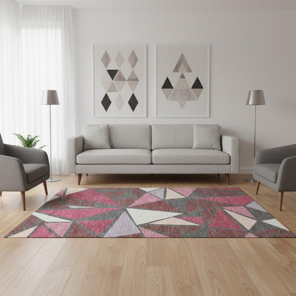HomeRoots 5' X 8' Stylish Burgundy Pink Ivory Geometric Area Rug - Washable, UV Protected, Stain Resistant! 681505