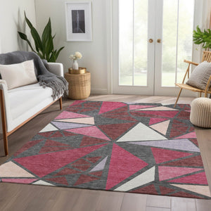 HomeRoots 5' X 8' Stylish Burgundy Pink Ivory Geometric Area Rug - Washable, UV Protected, Stain Resistant! 681505