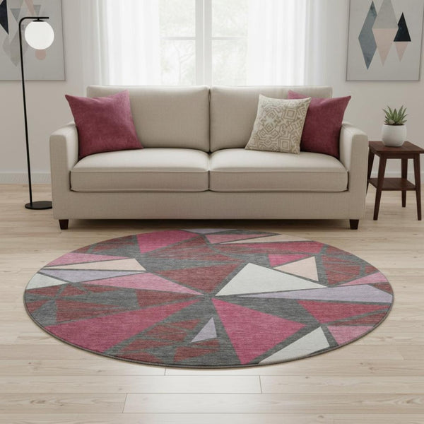 HomeRoots 8' Burgundy Pink and Ivory Geometric Round Rug – Washable, UV-Protected, Soft, and Stylish Centerpiece 681506