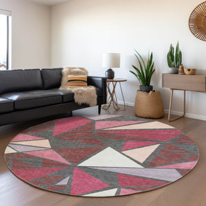 HomeRoots 8' Burgundy Pink and Ivory Geometric Round Rug – Washable, UV-Protected, Soft, and Stylish Centerpiece 681506