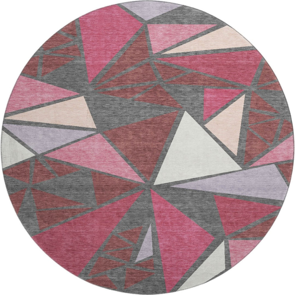 HomeRoots 8' Burgundy Pink and Ivory Geometric Round Rug – Washable, UV-Protected, Soft, and Stylish Centerpiece 681506