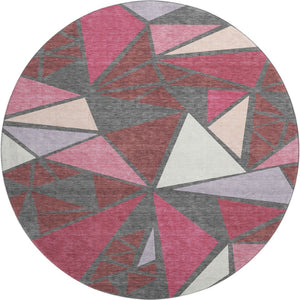 HomeRoots 8' Burgundy Pink and Ivory Geometric Round Rug – Washable, UV-Protected, Soft, and Stylish Centerpiece 681506