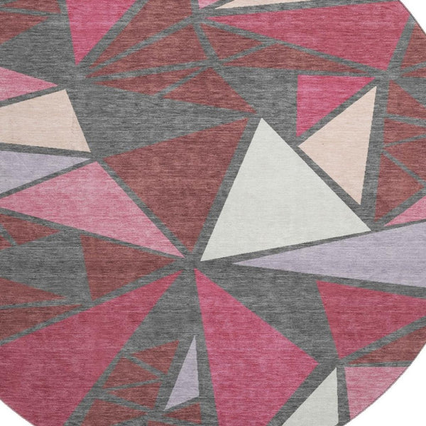 HomeRoots 8' Burgundy Pink and Ivory Geometric Round Rug – Washable, UV-Protected, Soft, and Stylish Centerpiece 681506