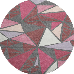 HomeRoots 8' Burgundy Pink and Ivory Geometric Round Rug – Washable, UV-Protected, Soft, and Stylish Centerpiece 681506