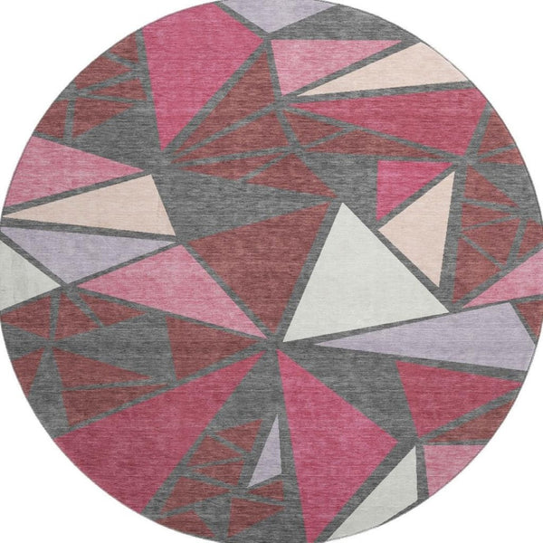 HomeRoots 8' Burgundy Pink and Ivory Geometric Round Rug – Washable, UV-Protected, Soft, and Stylish Centerpiece 681506