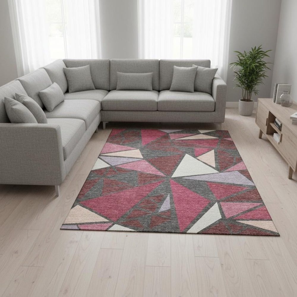 HomeRoots 8' X 10' Stylish Burgundy Pink Ivory Geometric Area Rug - Washable, UV Protected, Durable Design 681507