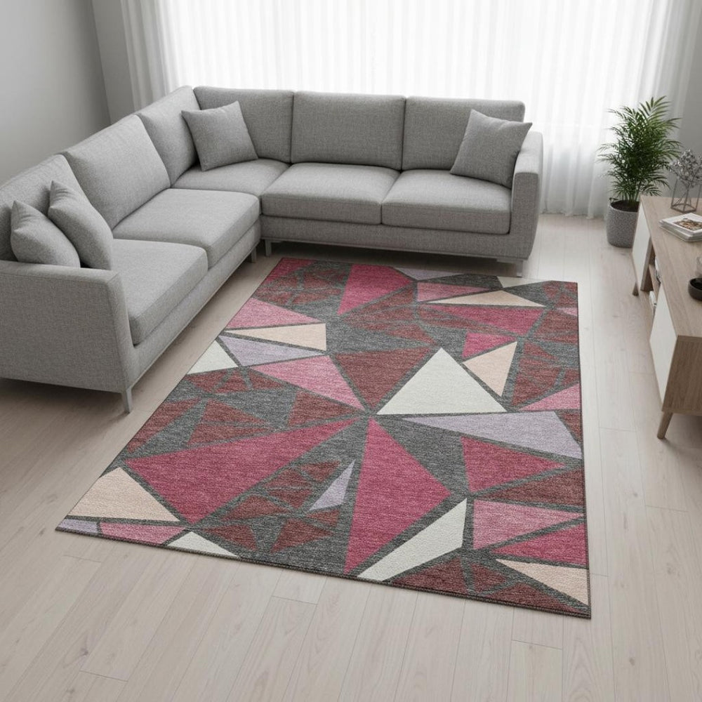 HomeRoots 9' X 12' Washable Geometric Area Rug in Burgundy, Pink & Ivory - UV Protected for Busy Homes 681508