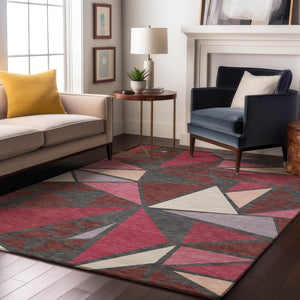 HomeRoots 9' X 12' Washable Geometric Area Rug in Burgundy, Pink & Ivory - UV Protected for Busy Homes 681508
