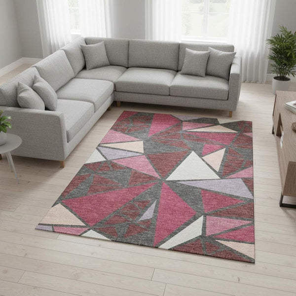 HomeRoots 10' X 14' Burgundy Pink Ivory Geometric Washable Area Rug - Durable, Stylish, UV Protected Design! 681509