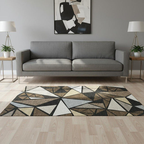 HomeRoots 5' X 8' Modern Geometric Washable Area Rug - Brown, Black, Ivory, UV Protected, Stain Resistant Design 681511