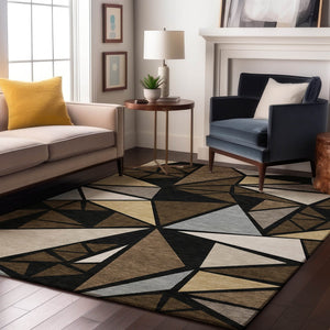 HomeRoots 5' X 8' Modern Geometric Washable Area Rug - Brown, Black, Ivory, UV Protected, Stain Resistant Design 681511