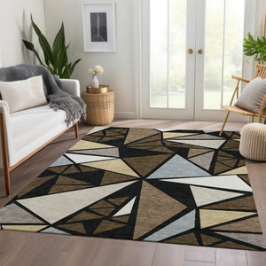 HomeRoots 5' X 8' Modern Geometric Washable Area Rug - Brown, Black, Ivory, UV Protected, Stain Resistant Design 681511