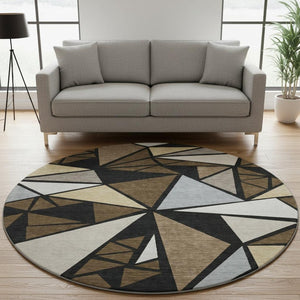 HomeRoots 8' Stylish Brown, Black & Ivory Geometric Round Rug - Washable, UV Protected, Perfect for Busy Homes 681512