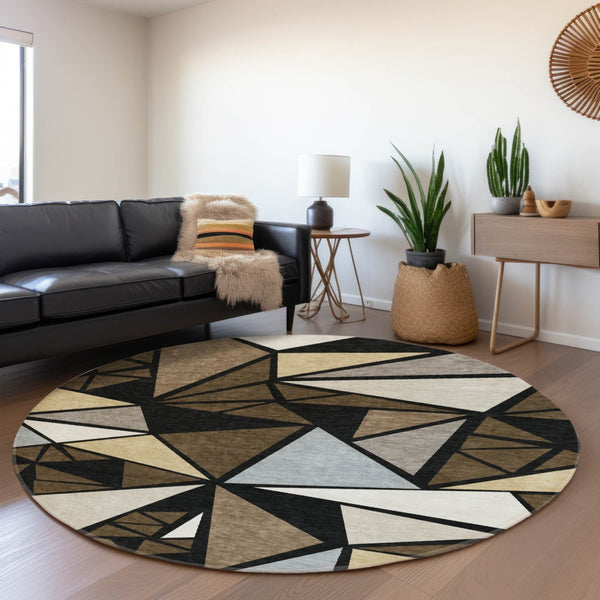 HomeRoots 8' Stylish Brown, Black & Ivory Geometric Round Rug - Washable, UV Protected, Perfect for Busy Homes 681512