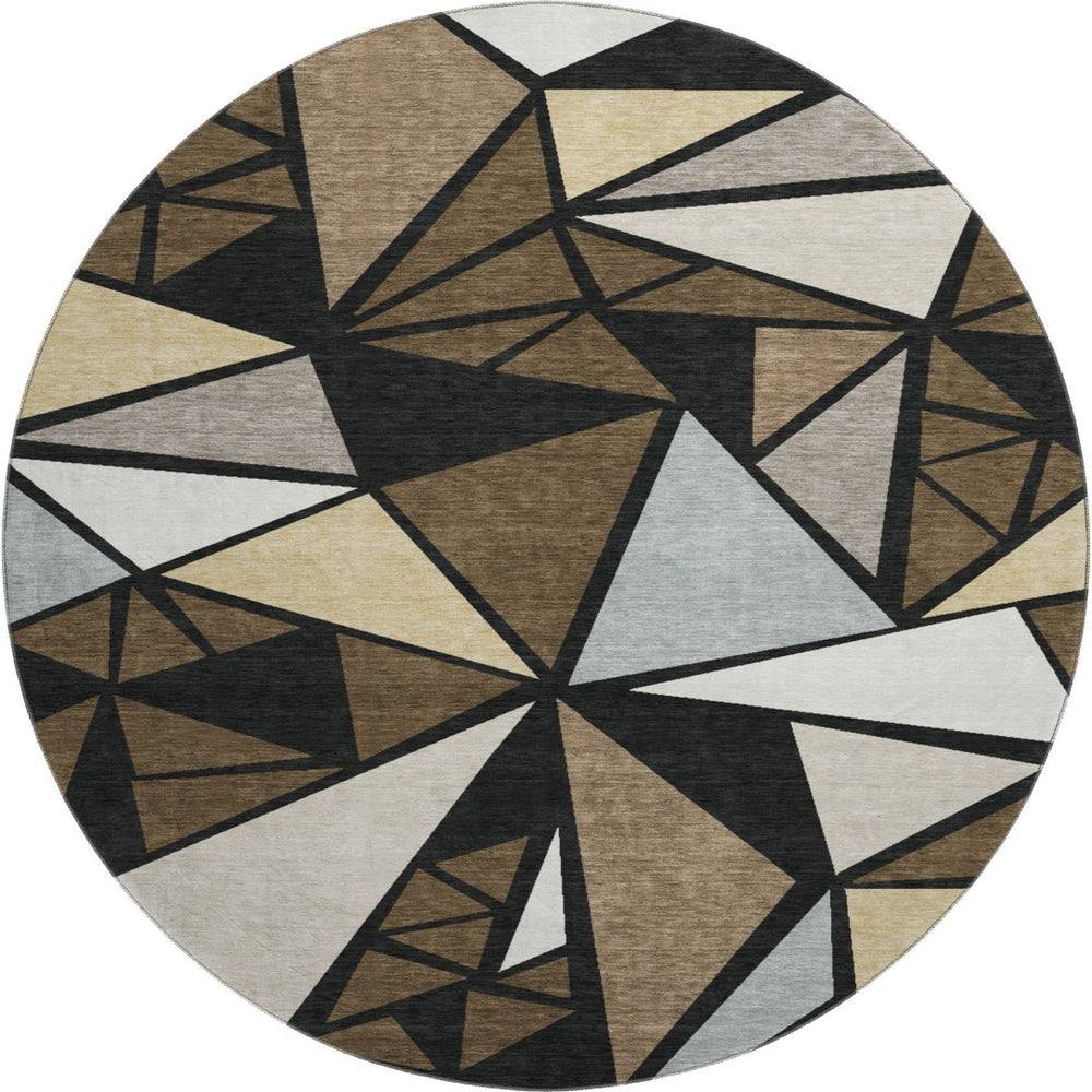HomeRoots 8' Stylish Brown, Black & Ivory Geometric Round Rug - Washable, UV Protected, Perfect for Busy Homes 681512