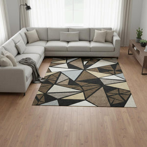 HomeRoots 8' X 10' Brown, Black, and Ivory Geometric Area Rug - Durable, UV-Protected, Stain-Resistant Design 681513