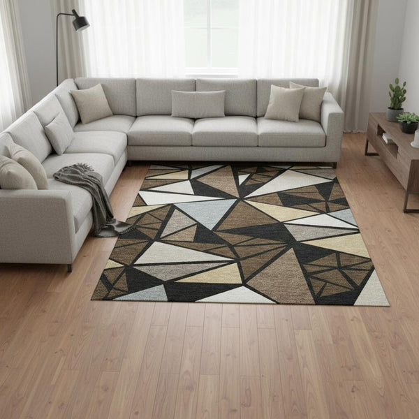 HomeRoots 8' X 10' Brown, Black, and Ivory Geometric Area Rug - Durable, UV-Protected, Stain-Resistant Design 681513