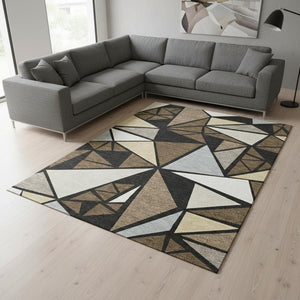 HomeRoots 9' Modern Geometric Area Rug in Brown, Black & Ivory - Washable, UV Resistant, Perfect for Families 681514