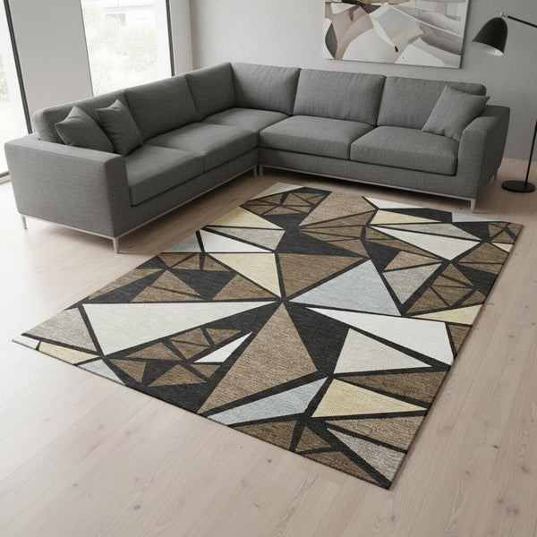 HomeRoots 9' Modern Geometric Area Rug in Brown, Black & Ivory - Washable, UV Resistant, Perfect for Families 681514