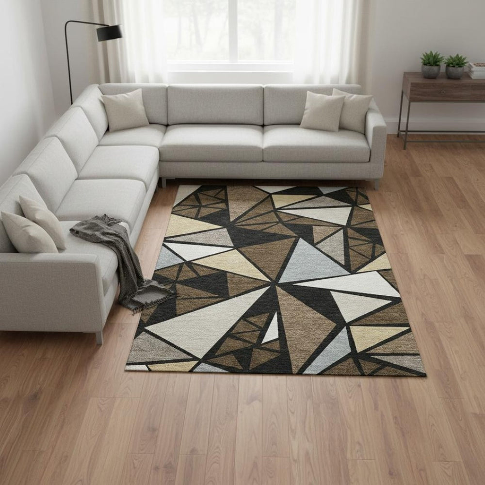 HomeRoots 10' X 14' Washable Area Rug - Stylish Brown, Black & Ivory Geometric Design with UV Protection & Durability 681515