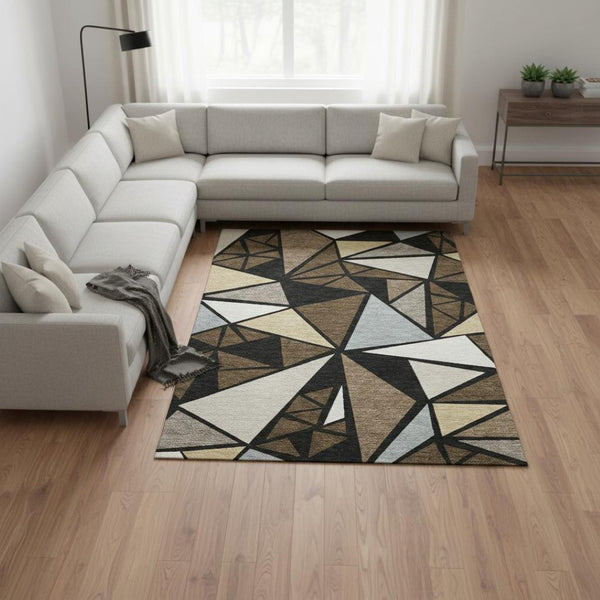 HomeRoots 10' X 14' Washable Area Rug - Stylish Brown, Black & Ivory Geometric Design with UV Protection & Durability 681515