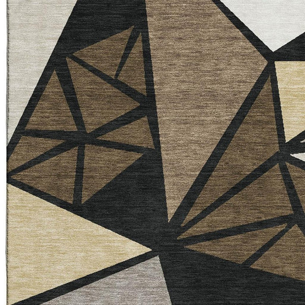 HomeRoots 10' X 14' Washable Area Rug - Stylish Brown, Black & Ivory Geometric Design with UV Protection & Durability 681515