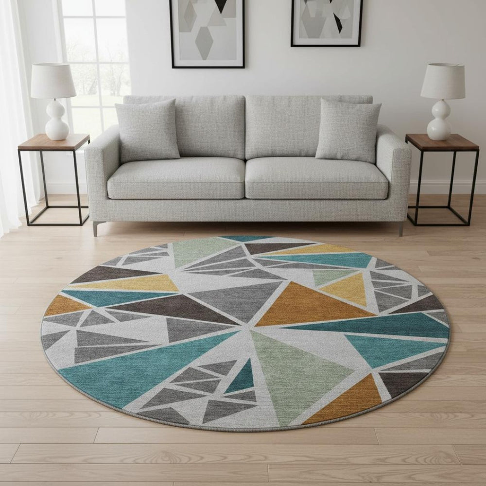 HomeRoots 8' Gray Teal & Copper Geometric Washable Round Rug - Stain Resistant, UV Protected, Easy Care Design 681518