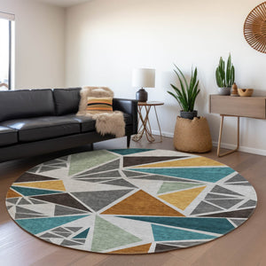 HomeRoots 8' Gray Teal & Copper Geometric Washable Round Rug - Stain Resistant, UV Protected, Easy Care Design 681518