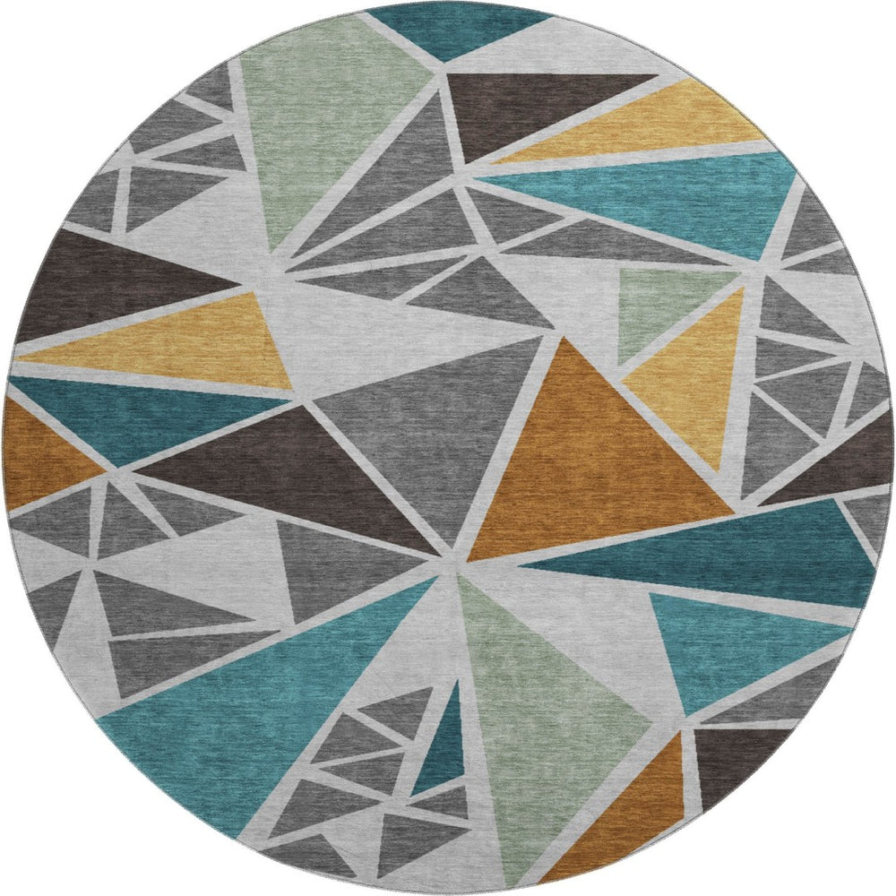 HomeRoots 8' Gray Teal & Copper Geometric Washable Round Rug - Stain Resistant, UV Protected, Easy Care Design 681518